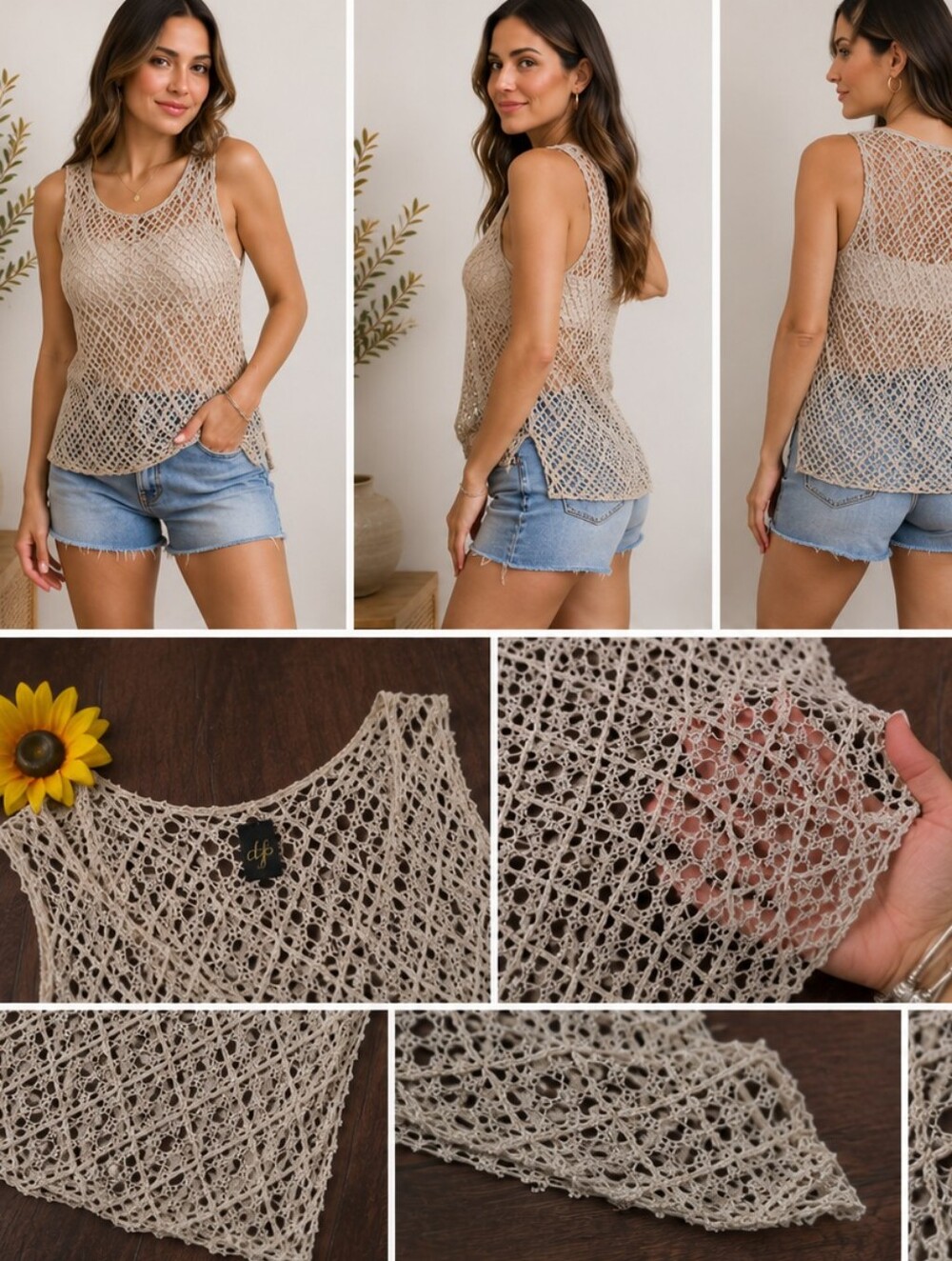 Jack Beige Crochet Sleeveless Tank Top